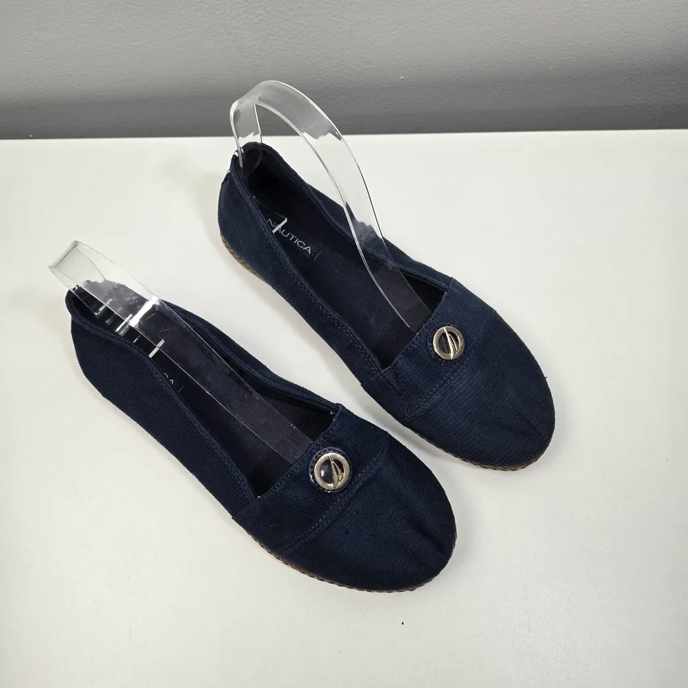 Nautica Women's Navy Loafers with Brown Braided Sole